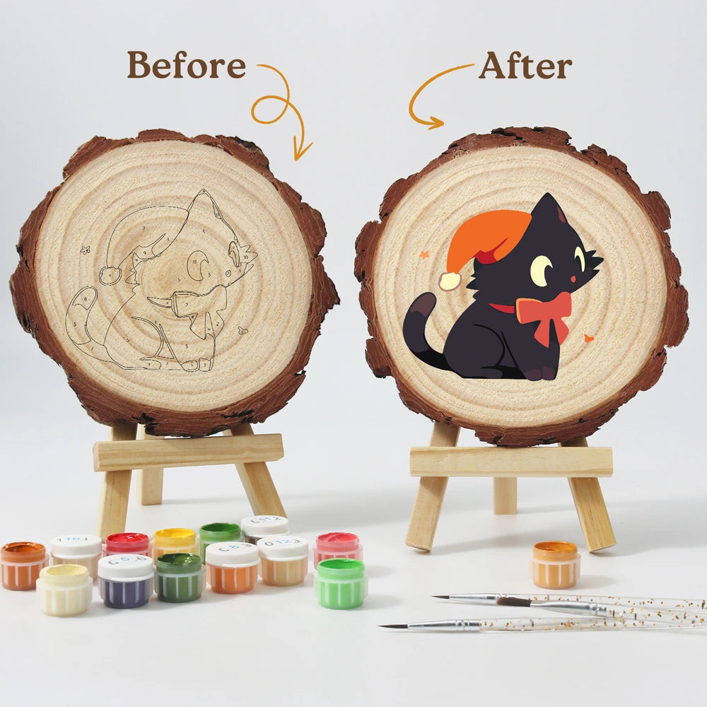 
Paint by Numbers - Wood Slice | Black Cat with an Orange Hat