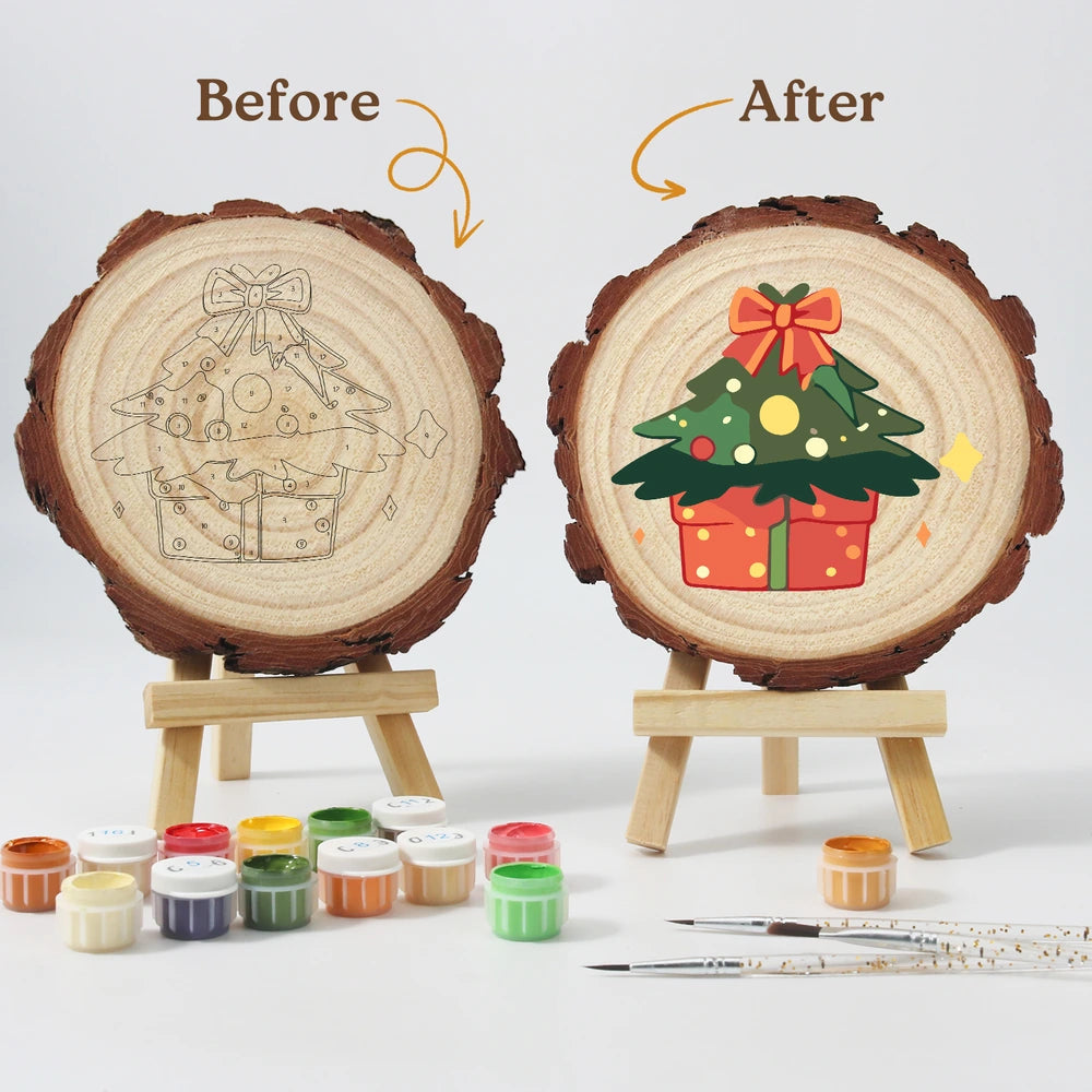 
Paint by Numbers - Wood Slice | Christmas Tree with Presents