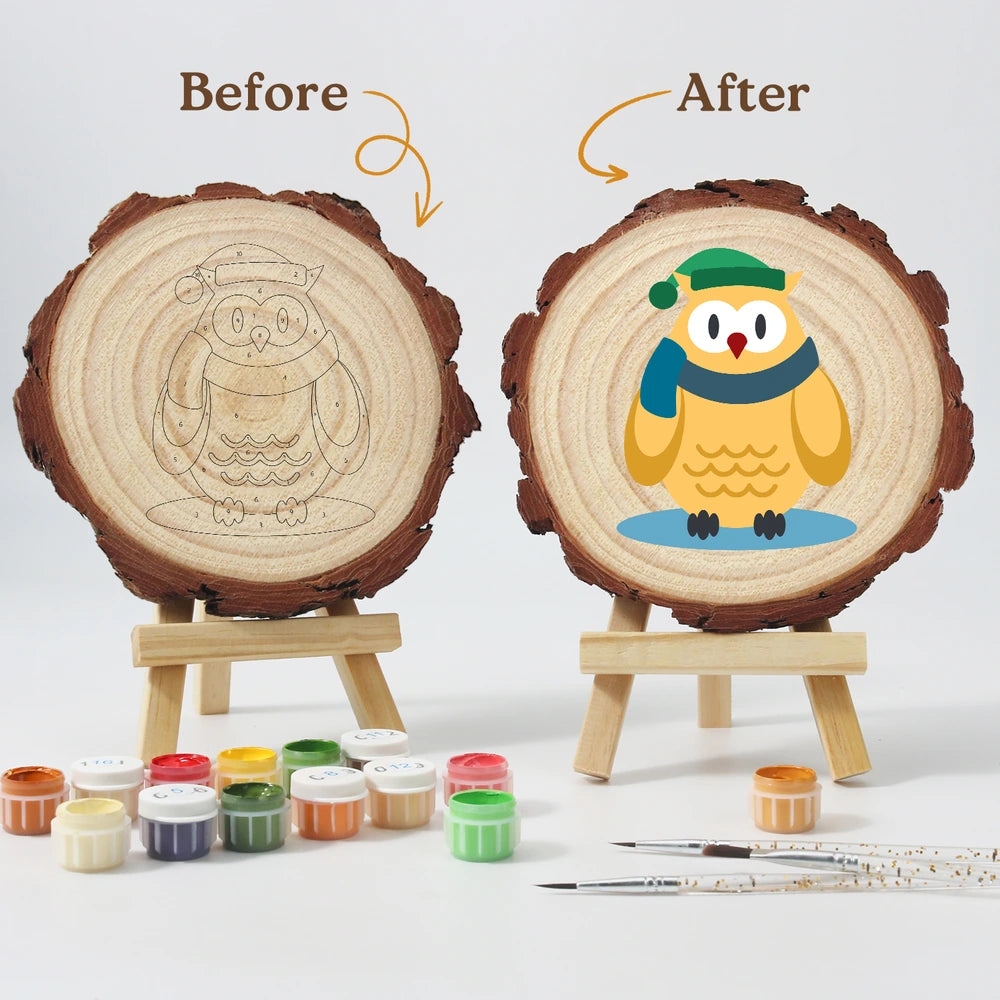 Paint by Numbers - Wood Slice | Owl in a Winter Scarf