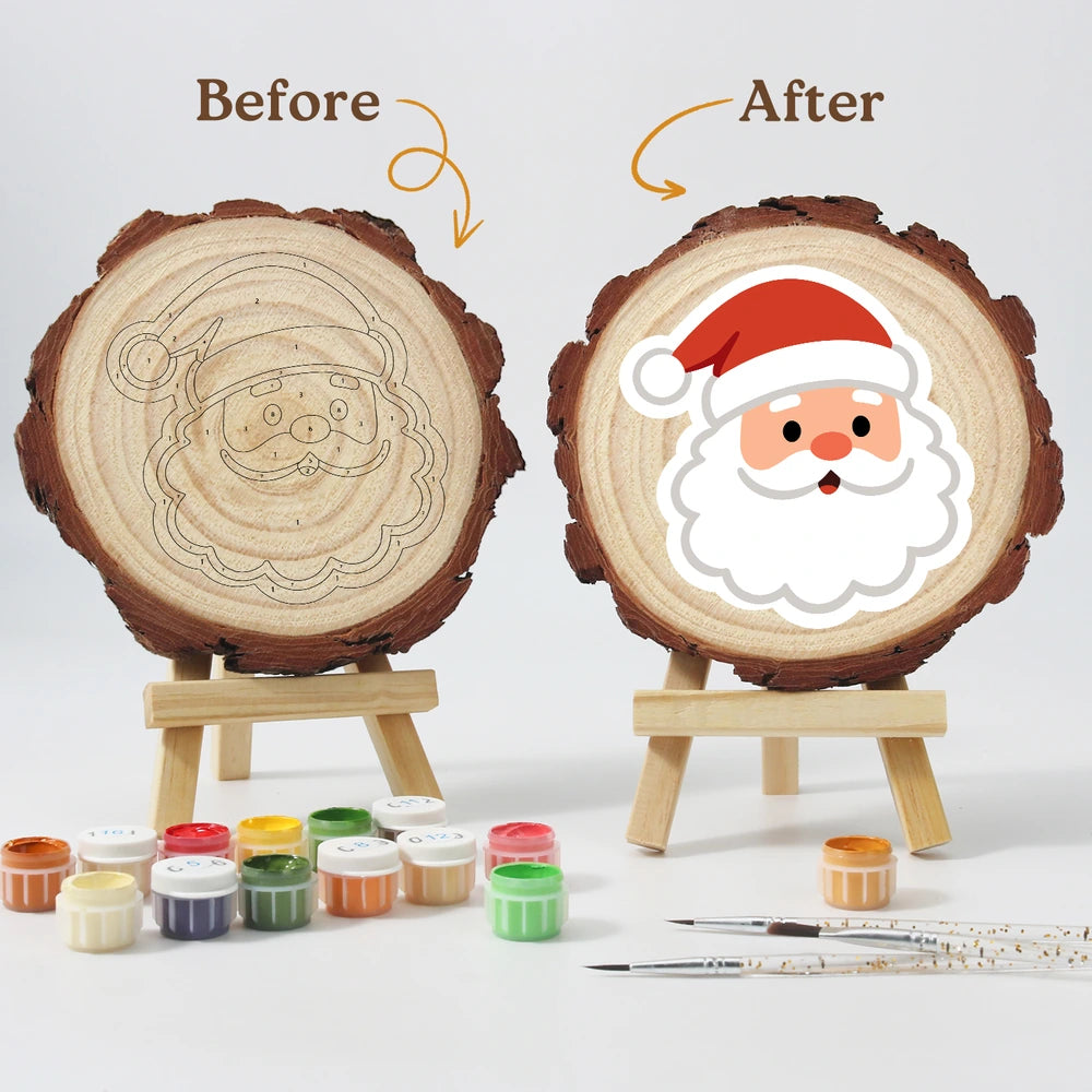 Paint by Numbers - Wood Slice | Santa Face in a Red Hat