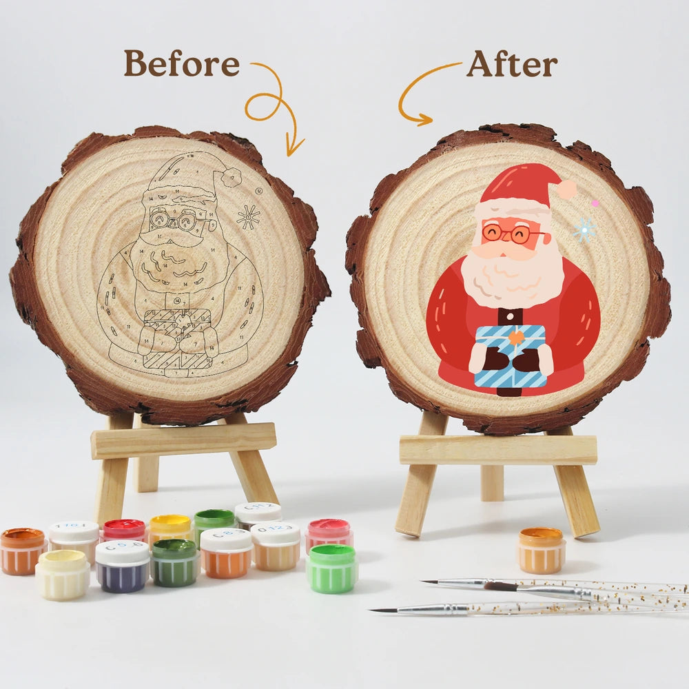
Paint by Numbers - Wood Slice | Santa with a Blue Gift