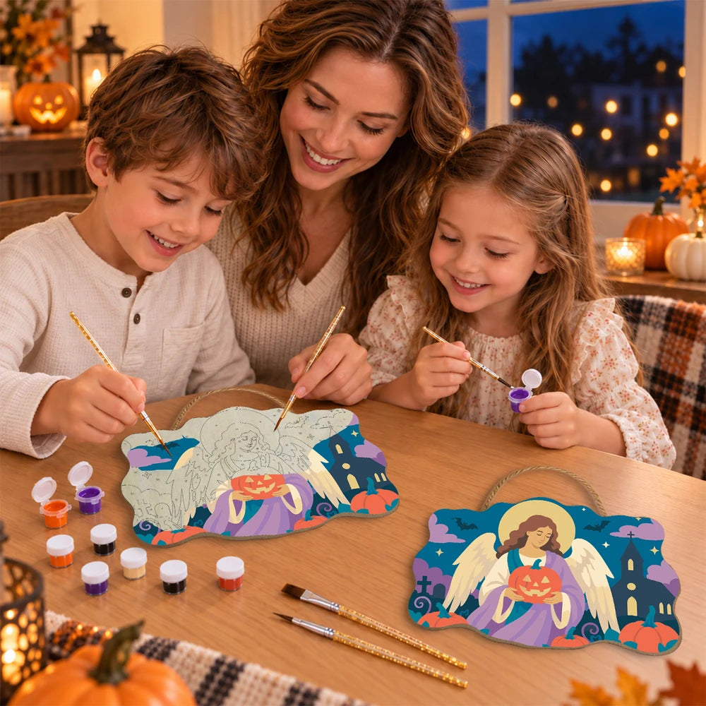 Paint by Numbers - Wooden Door Hanger | Angel with a Jack-o'-Lantern