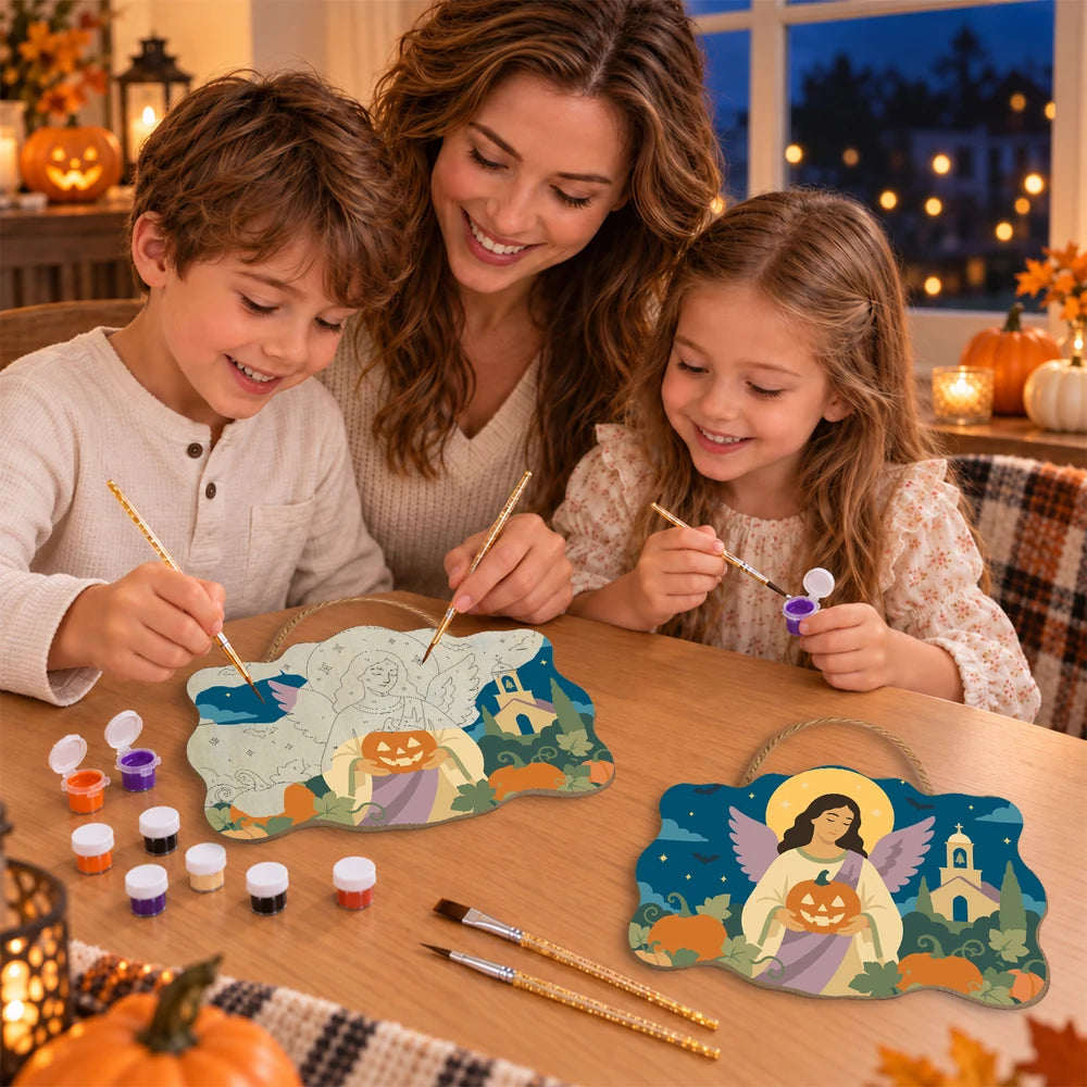 Paint by Numbers - Wooden Door Hanger | Angel with a Jack-o'-Lantern by the Church