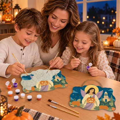 Paint by Numbers - Wooden Door Hanger | Angel with a Jack-o'-Lantern by the Church