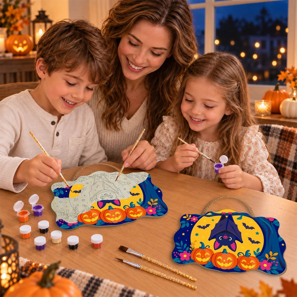 Paint by Numbers - Wooden Door Hanger | Bat Hanging Over the Pumpkins