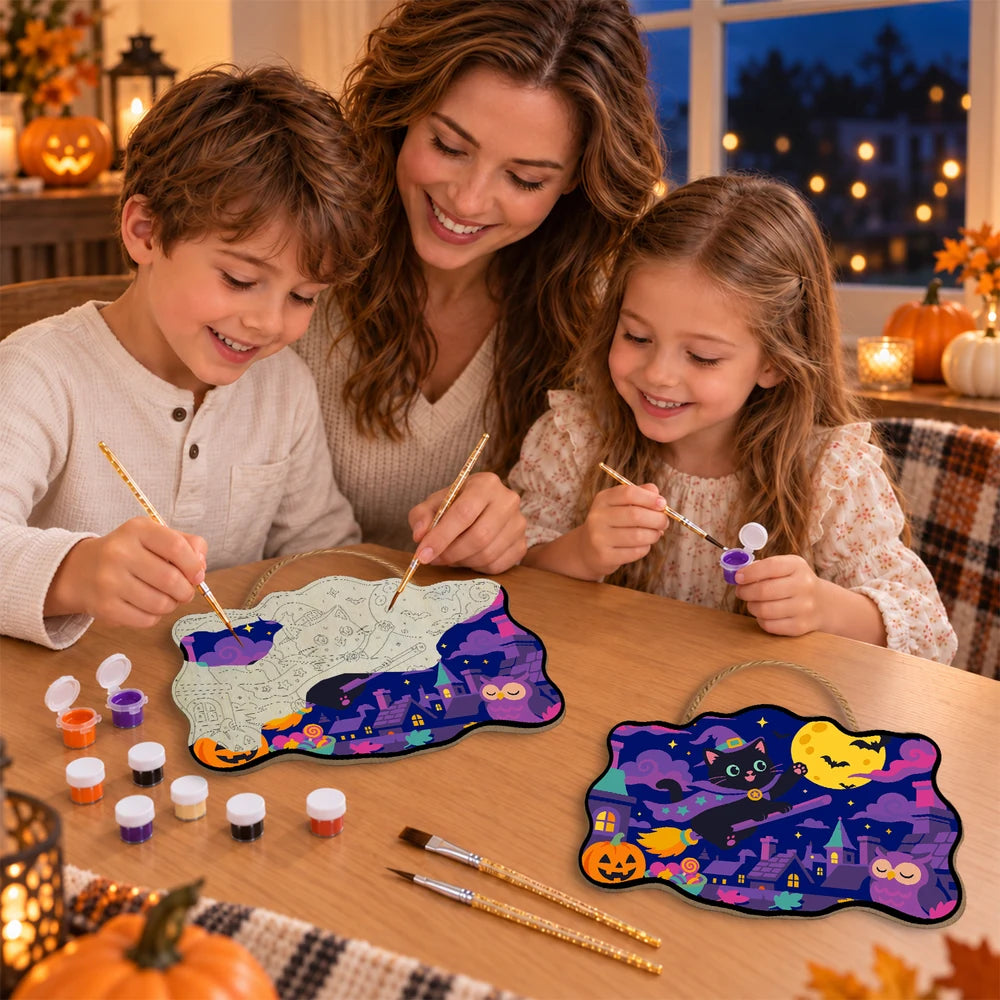 
Paint by Numbers - Wooden Door Hanger | Black Cat Witch Flying Over Town