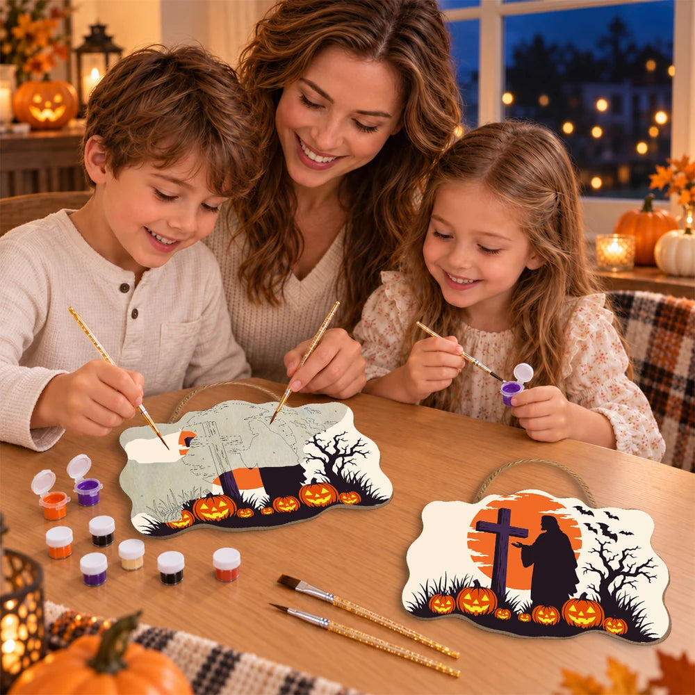 Paint by Numbers - Wooden Door Hanger | Cross at Sunset with Pumpkins