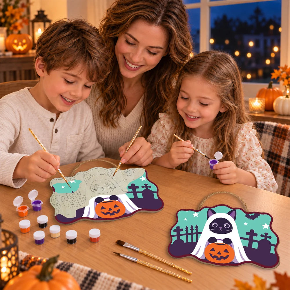 
Paint by Numbers - Wooden Door Hanger | Ghost Cat with a Pumpkin