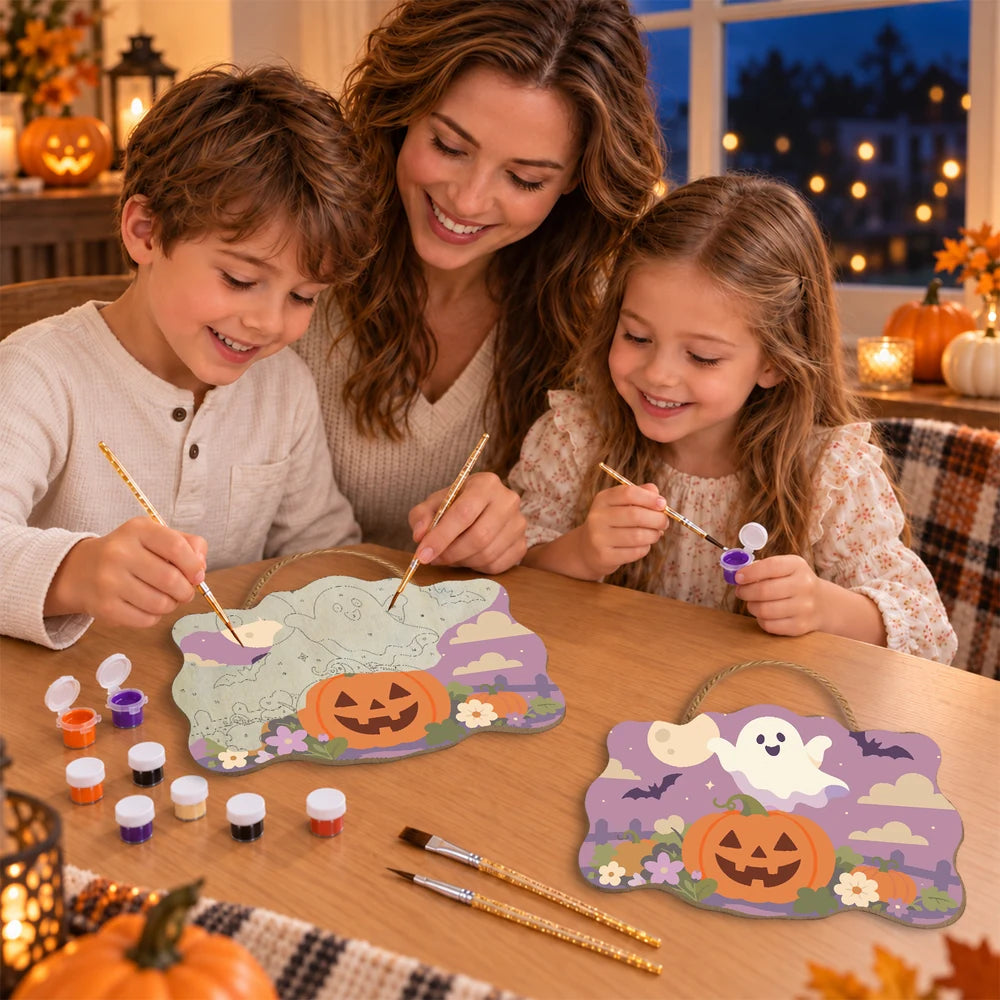 Paint by Numbers - Wooden Door Hanger | Ghost Over a Jack-o'-Lantern at Dusk