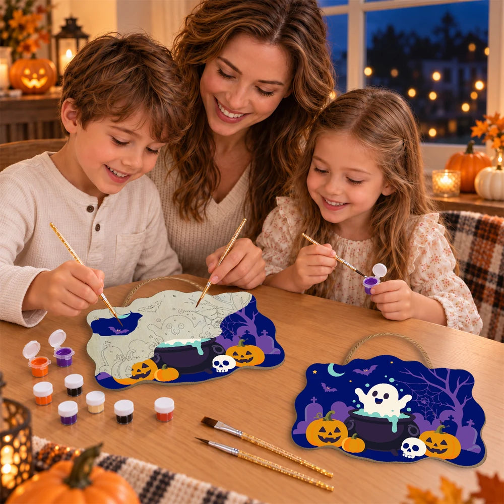 Paint by Numbers - Wooden Door Hanger | Ghost in a Cauldron in the Graveyard