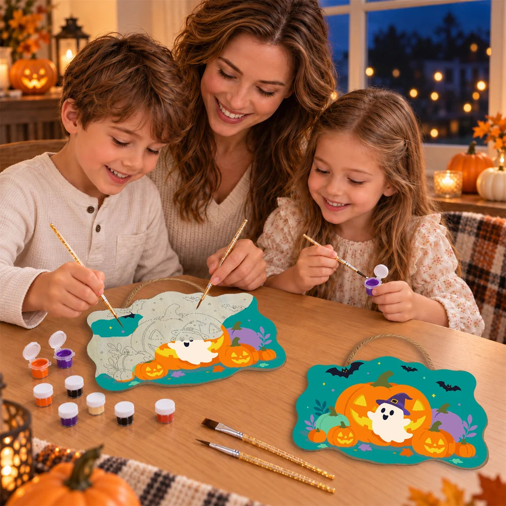 Paint by Numbers - Wooden Door Hanger | Ghost in a Witch Hat with Pumpkins