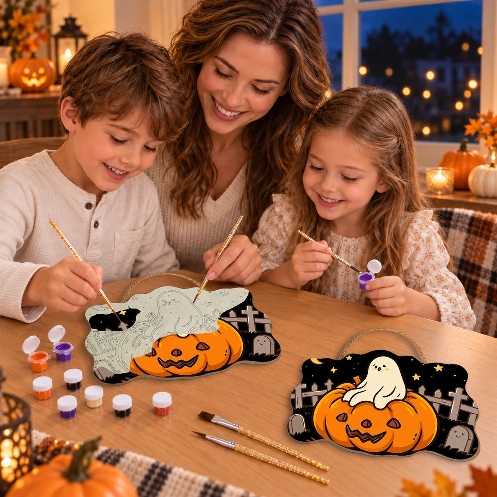 Paint by Numbers - Wooden Door Hanger | Ghost on a Jack-o'-Lantern in the Graveyard