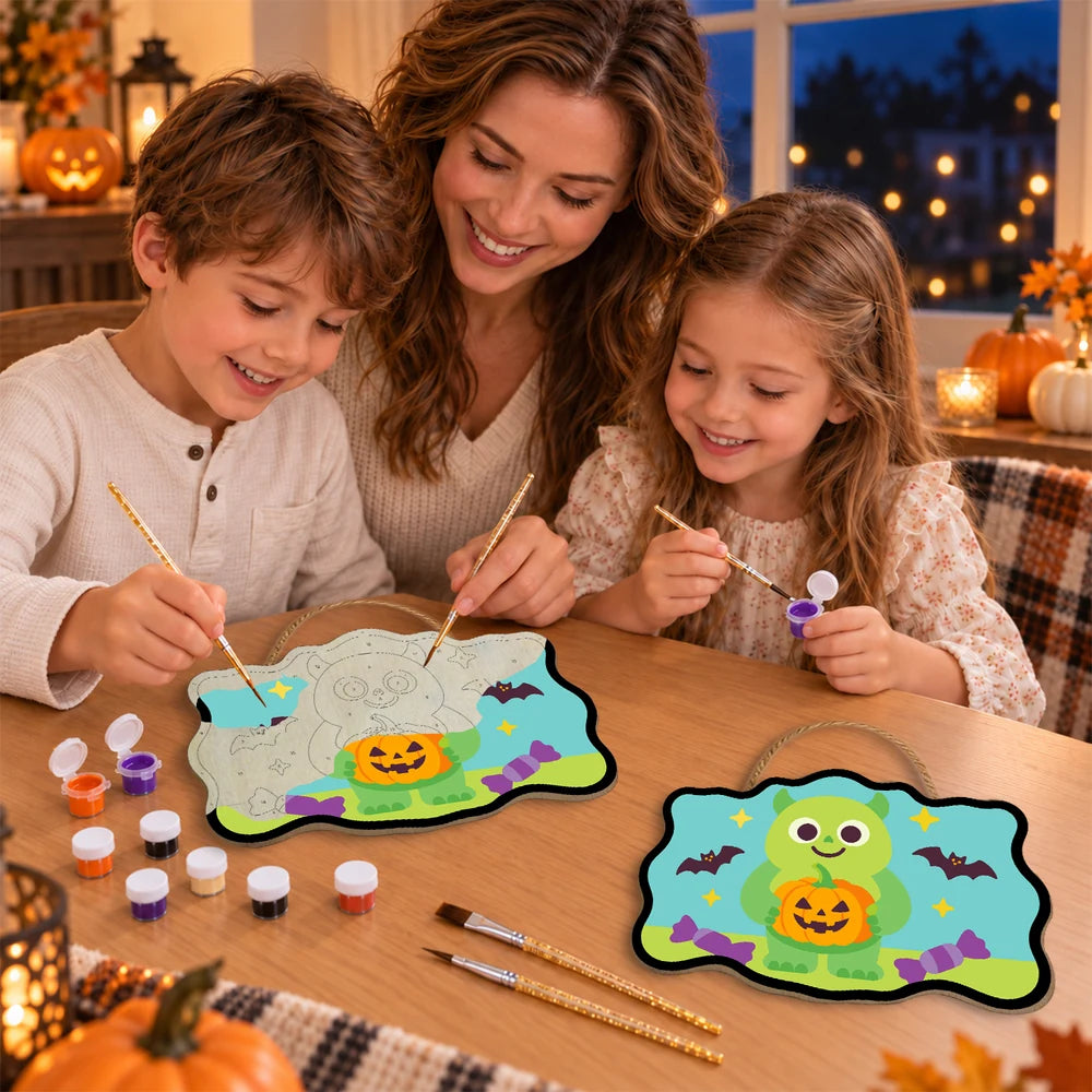 Paint by Numbers - Wooden Door Hanger | Green Monster with a Jack-o'-Lantern