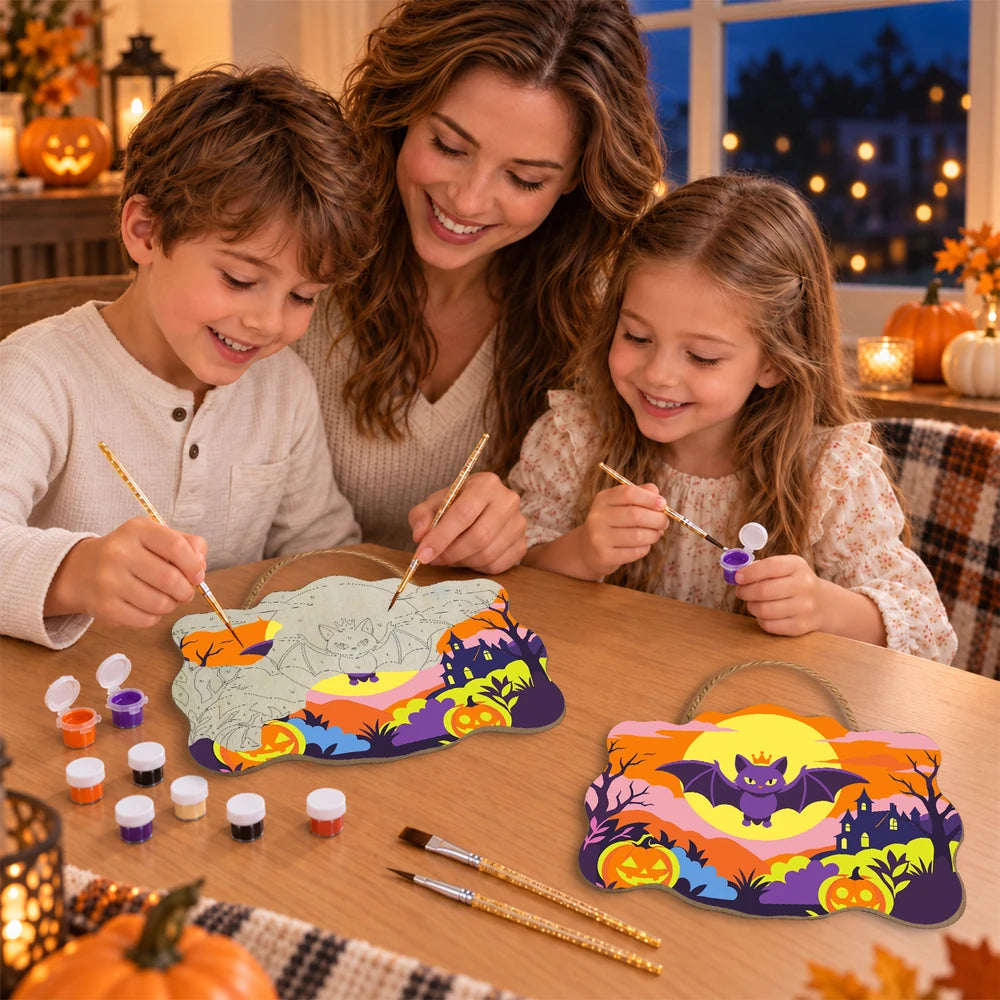 Paint by Numbers - Wooden Door Hanger | Happy Bat Over the Pumpkin Patch