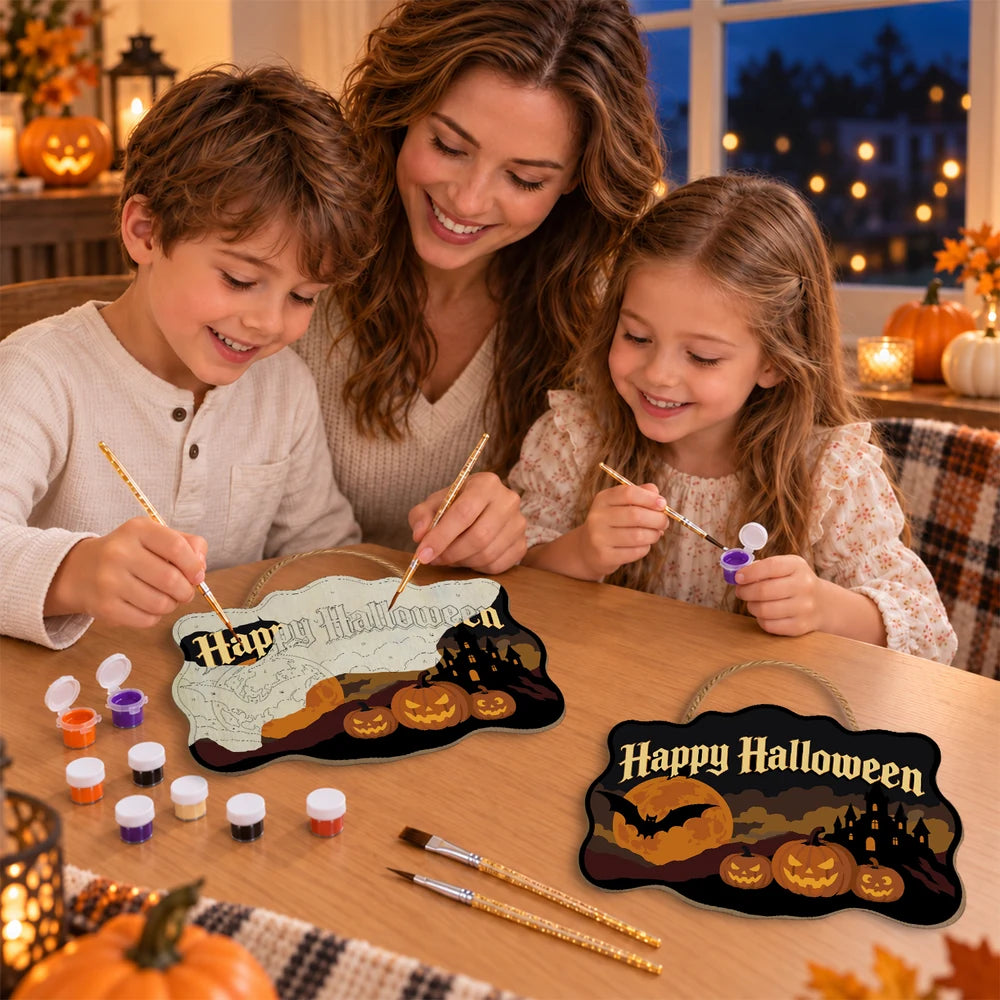 Paint by Numbers - Wooden Door Hanger | Happy Halloween Bat and Pumpkins