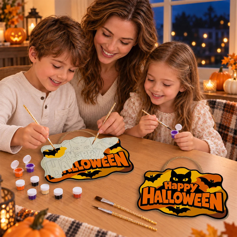 Paint by Numbers - Wooden Door Hanger | Happy Halloween Black Cat and Bats