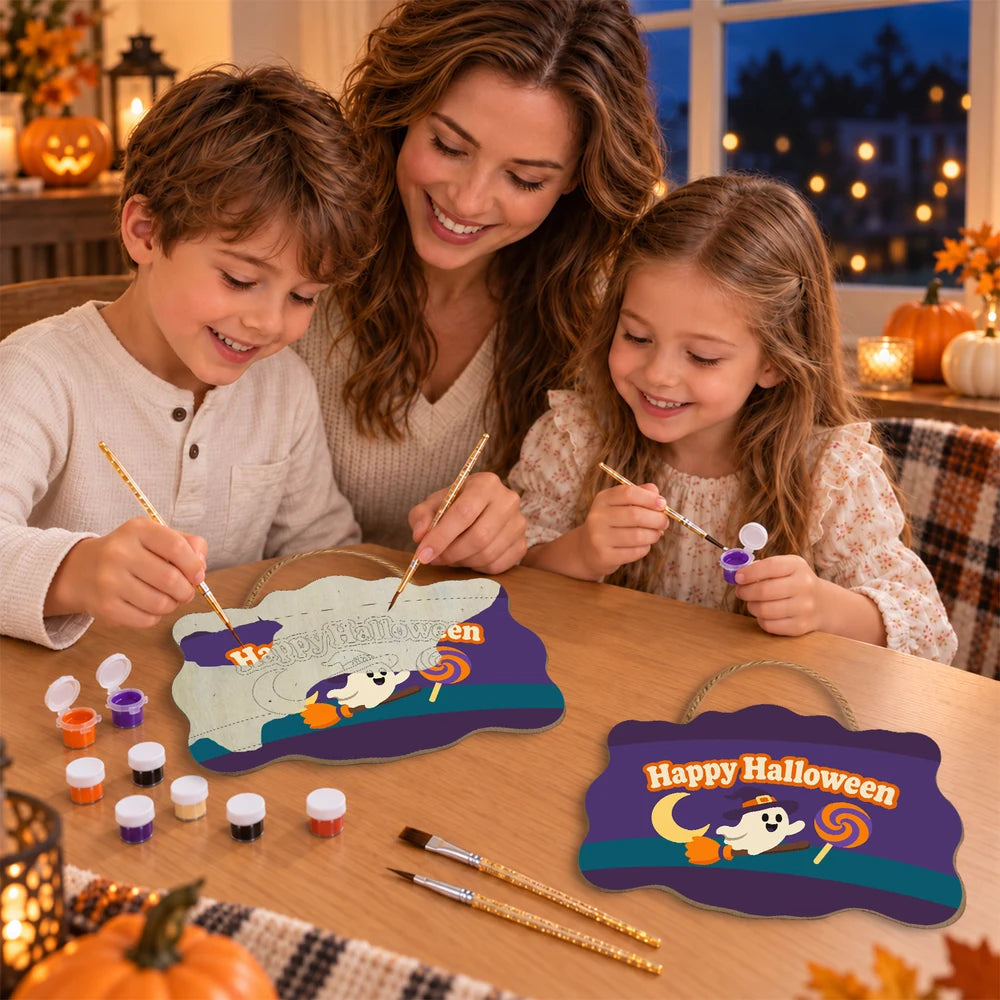 Paint by Numbers - Wooden Door Hanger | Happy Halloween Ghost with a Lollipop