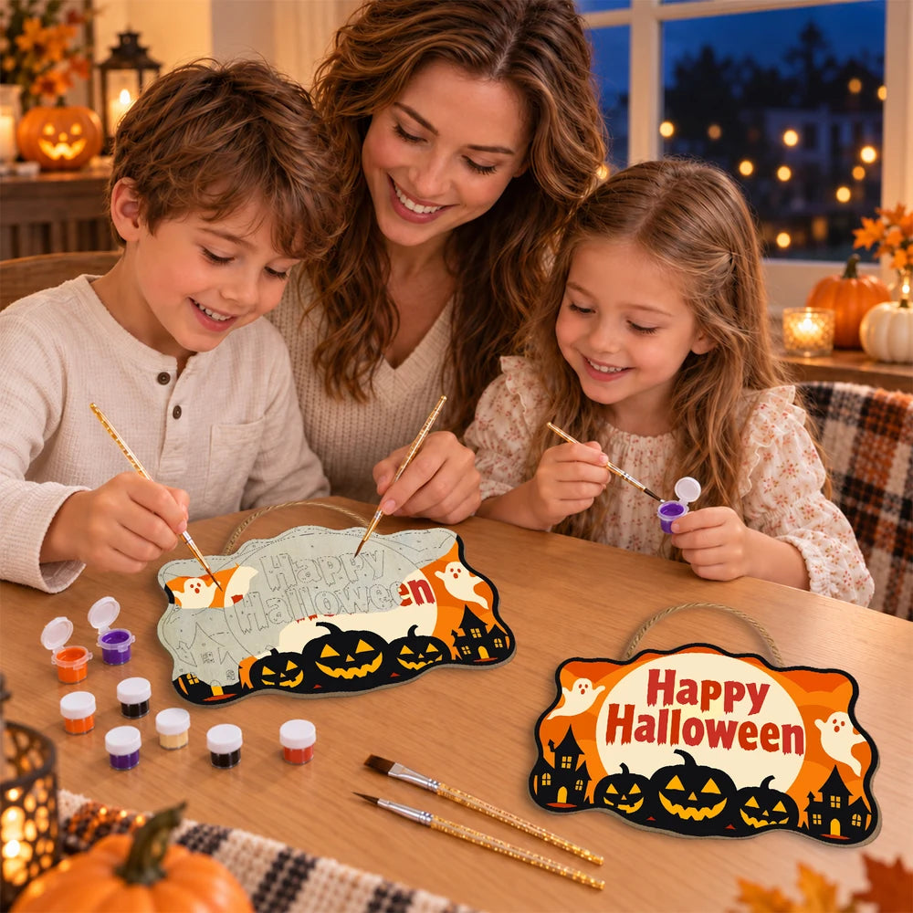 
Paint by Numbers - Wooden Door Hanger | Happy Halloween Ghosts Over the Town