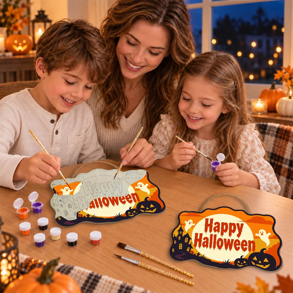 Paint by Numbers - Wooden Door Hanger | Happy Halloween Ghosts in the Moon