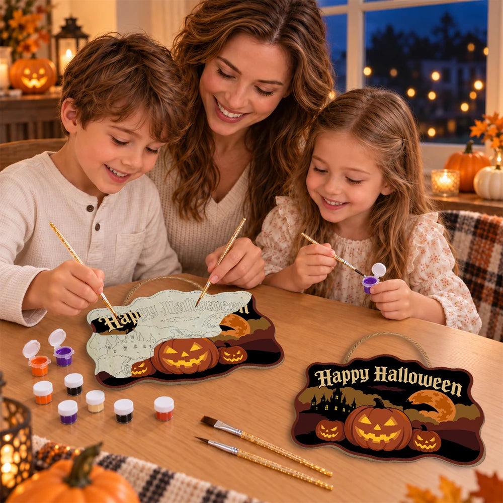 Paint by Numbers - Wooden Door Hanger | Happy Halloween Pumpkins and Castle