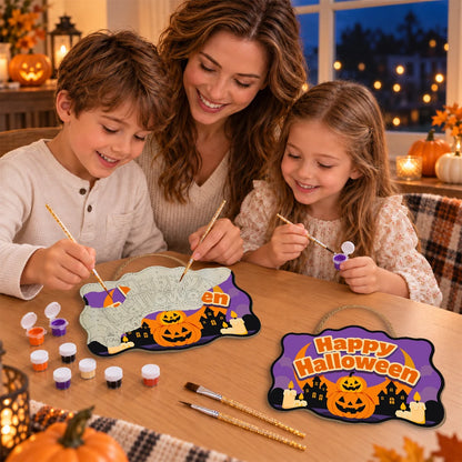 Paint by Numbers - Wooden Door Hanger | Happy Halloween Pumpkins and Haunted Houses
