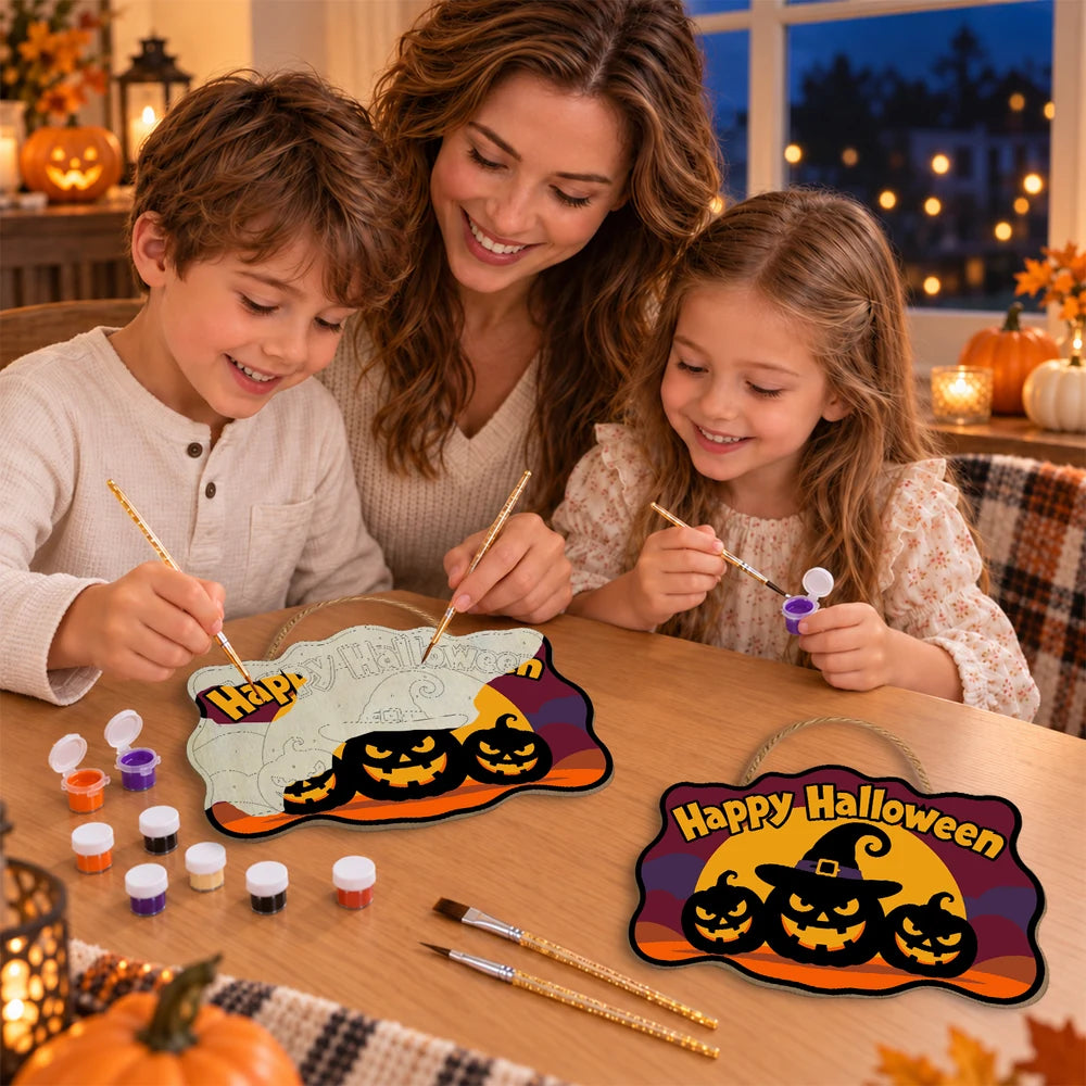 Paint by Numbers - Wooden Door Hanger | Happy Halloween Pumpkins in a Witch Hat