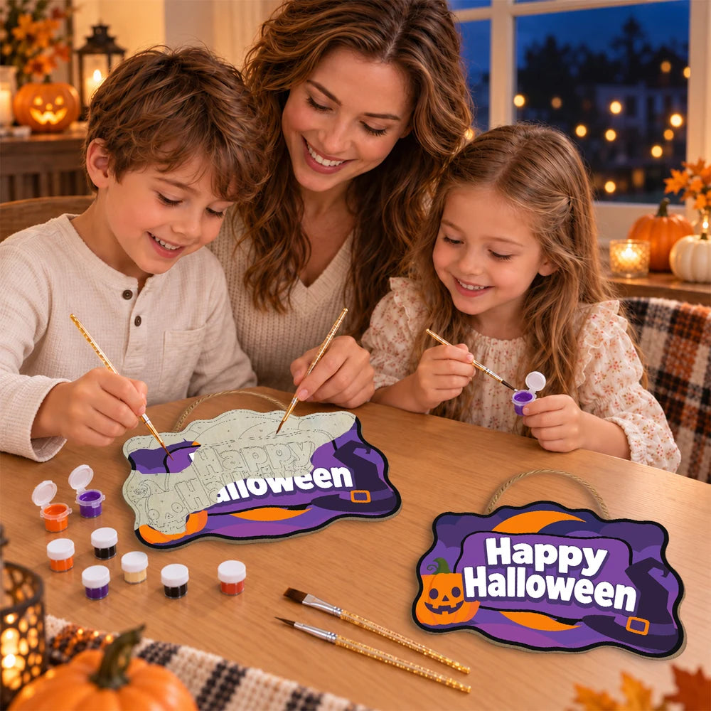 Paint by Numbers - Wooden Door Hanger | Happy Halloween Purple Pumpkin