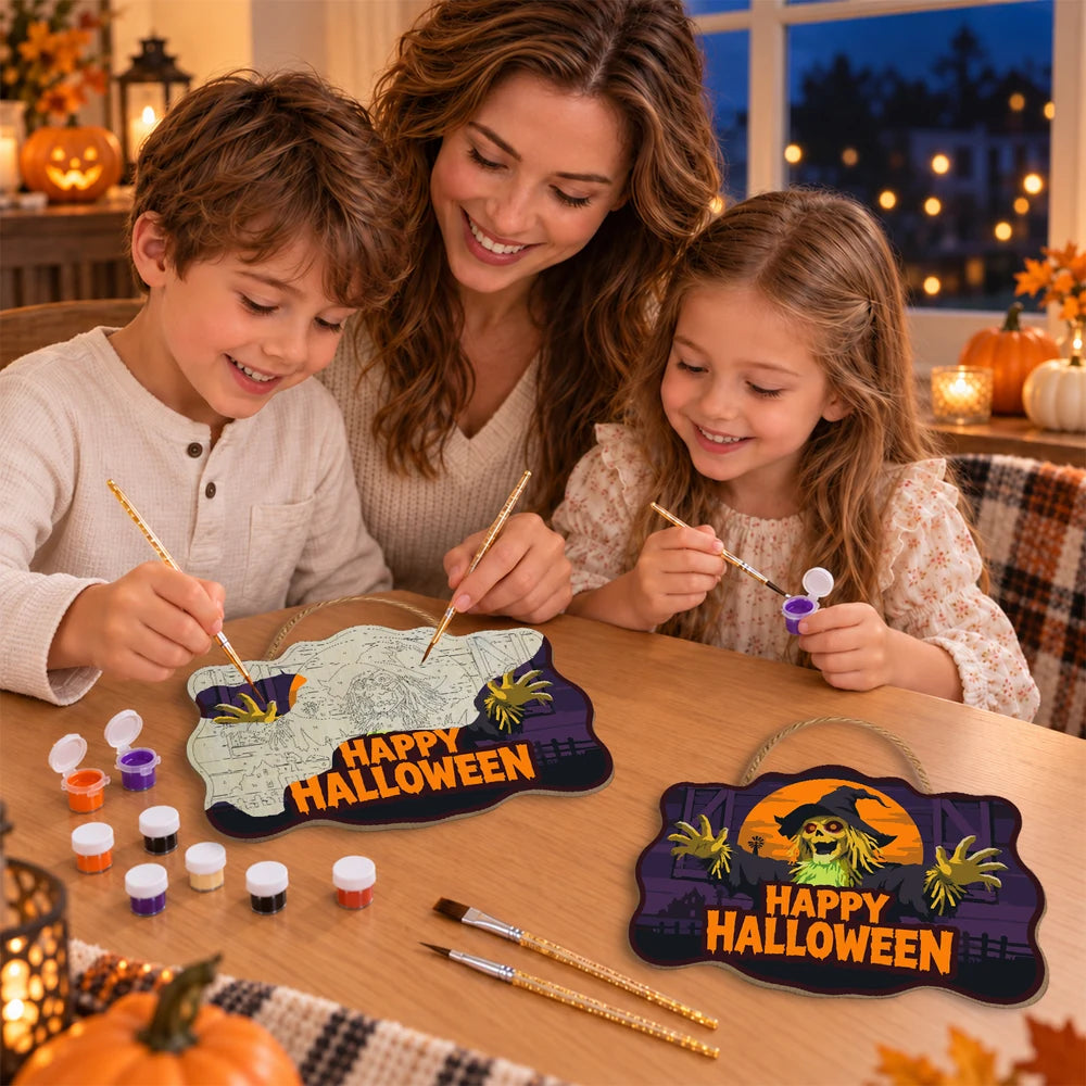 Paint by Numbers - Wooden Door Hanger | Happy Halloween Scarecrow at Night