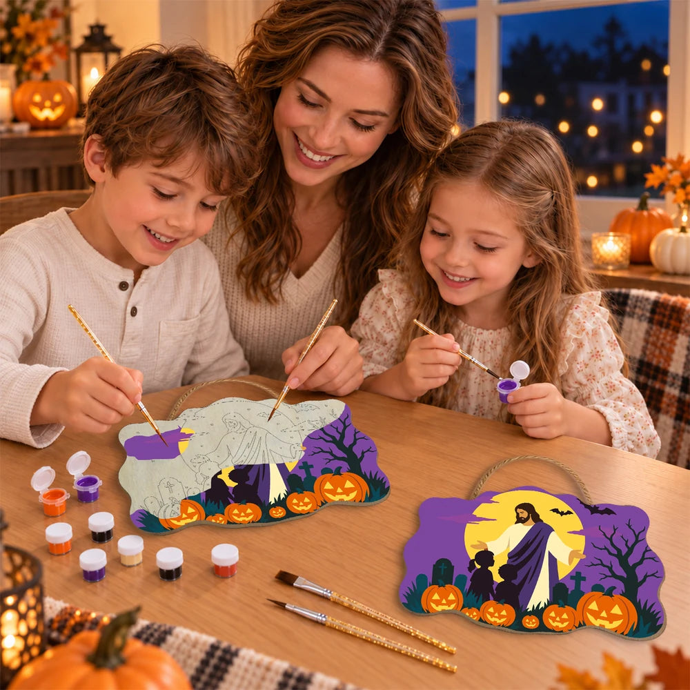 Paint by Numbers - Wooden Door Hanger | Jesus Blessing the Children at Halloween