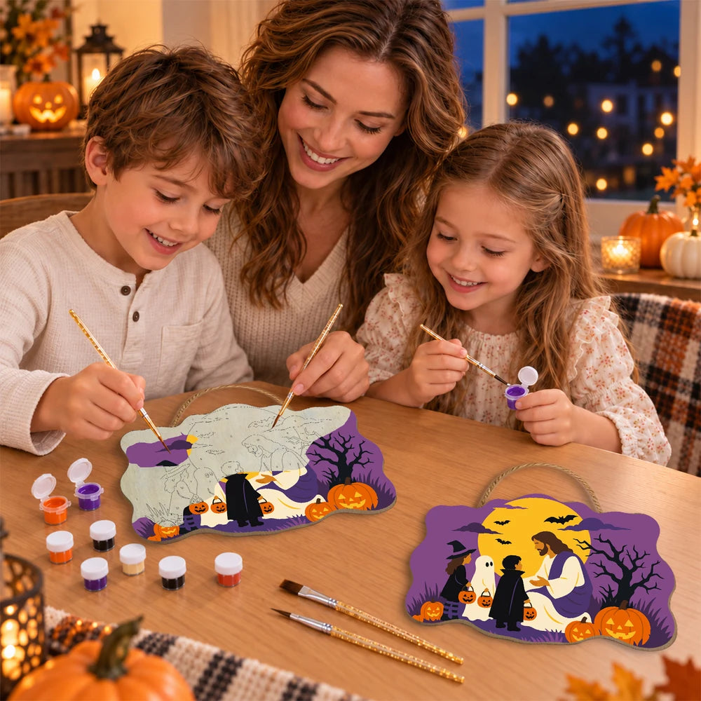 Paint by Numbers - Wooden Door Hanger | Jesus with Trick-or-Treaters