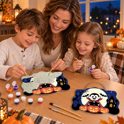Paint by Numbers - Wooden Door Hanger | Little Vampire with Pumpkins