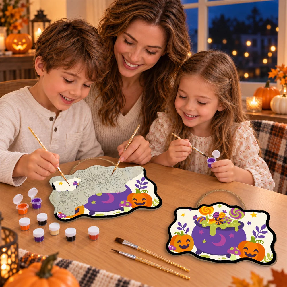Paint by Numbers - Wooden Door Hanger | Lollipop Cauldron with Pumpkins