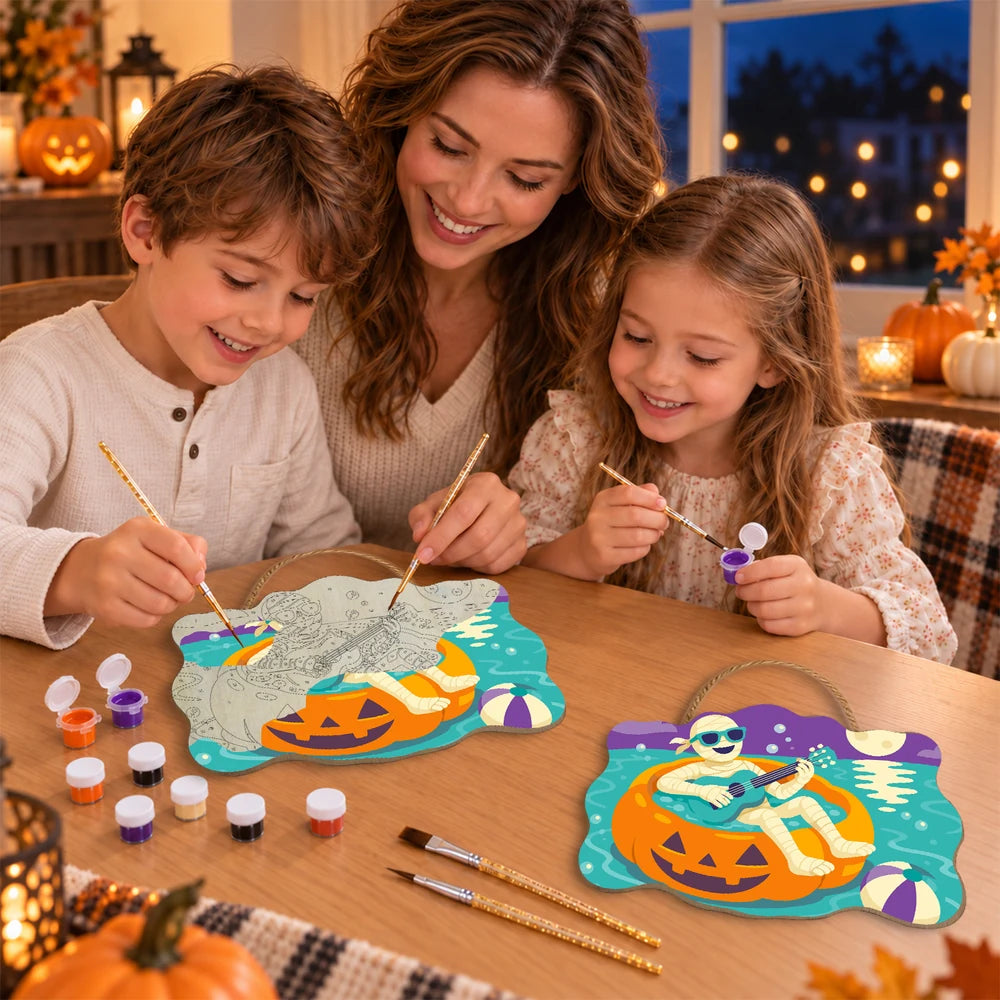 
Paint by Numbers - Wooden Door Hanger | Mummy Playing Ukulele on a Pumpkin Float