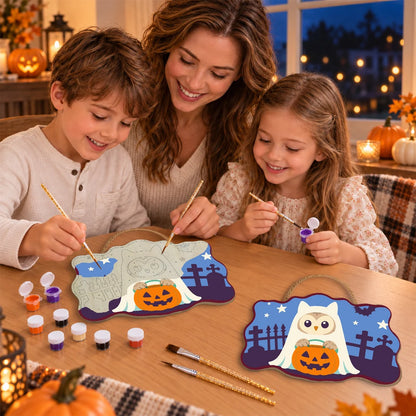 Paint by Numbers - Wooden Door Hanger | Owl Ghost with a Pumpkin