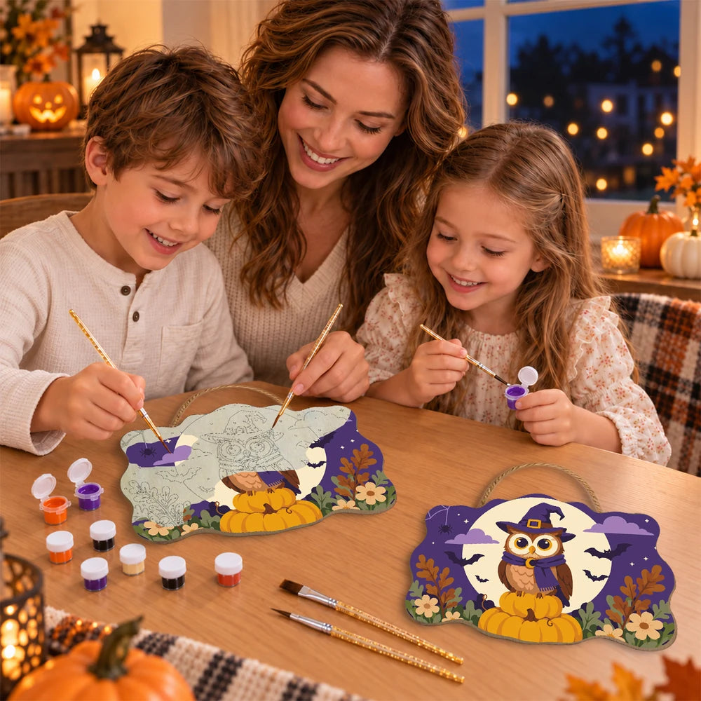 Paint by Numbers - Wooden Door Hanger | Owl in a Witch Hat in the Moon
