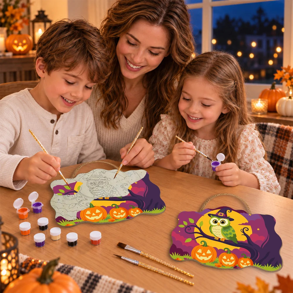 Paint by Numbers - Wooden Door Hanger | Owl in a Witch Hat on a Branch
