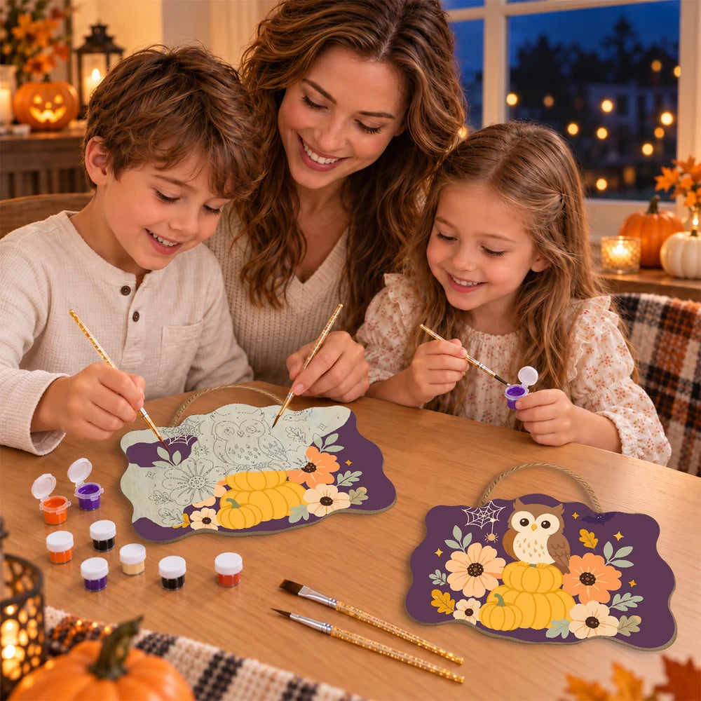 Paint by Numbers - Wooden Door Hanger | Owl on Pumpkins with Flowers