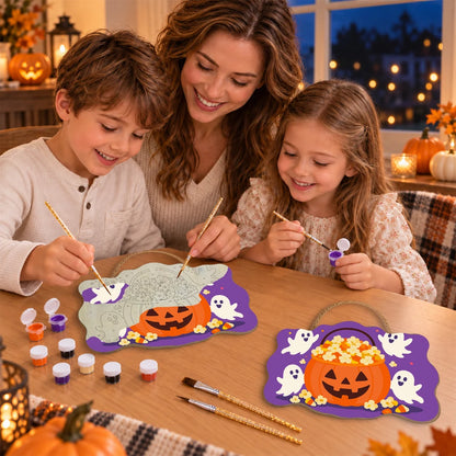 Paint by Numbers - Wooden Door Hanger | Popcorn Pumpkin Bucket with Ghosts