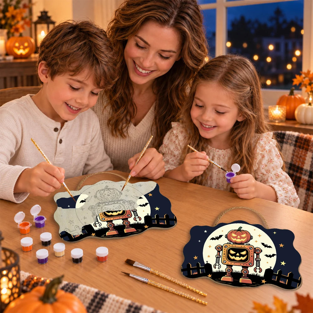 Paint by Numbers - Wooden Door Hanger | Pumpkin Robot Under the Moon
