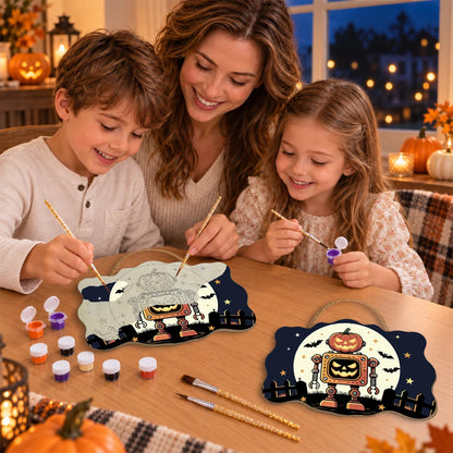 Paint by Numbers - Wooden Door Hanger | Pumpkin Robot Under the Moon