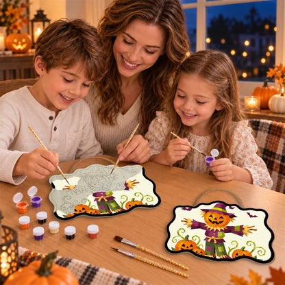 Paint by Numbers - Wooden Door Hanger | Pumpkin Scarecrow in Geometric Style