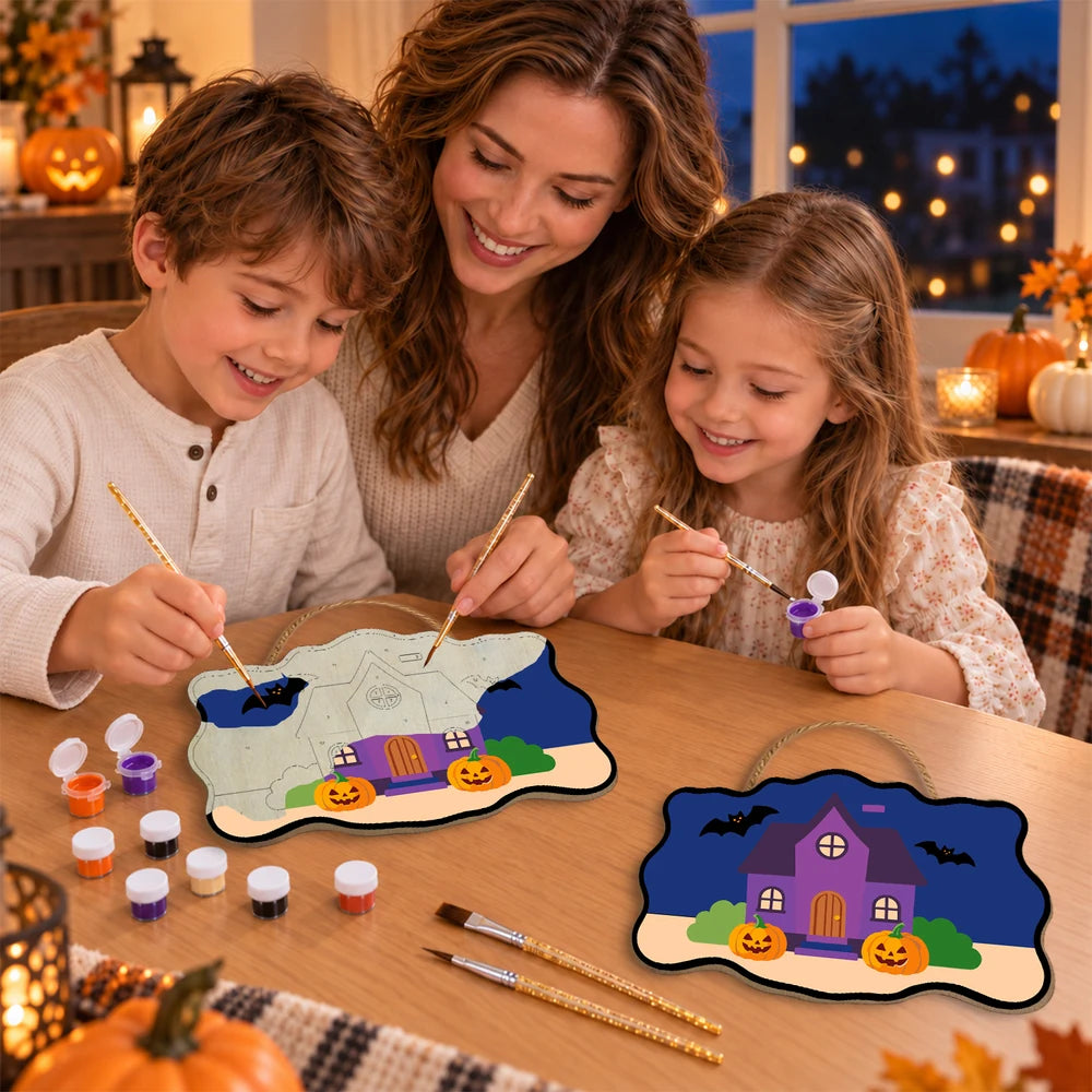 Paint by Numbers - Wooden Door Hanger | Purple Haunted House with Pumpkins