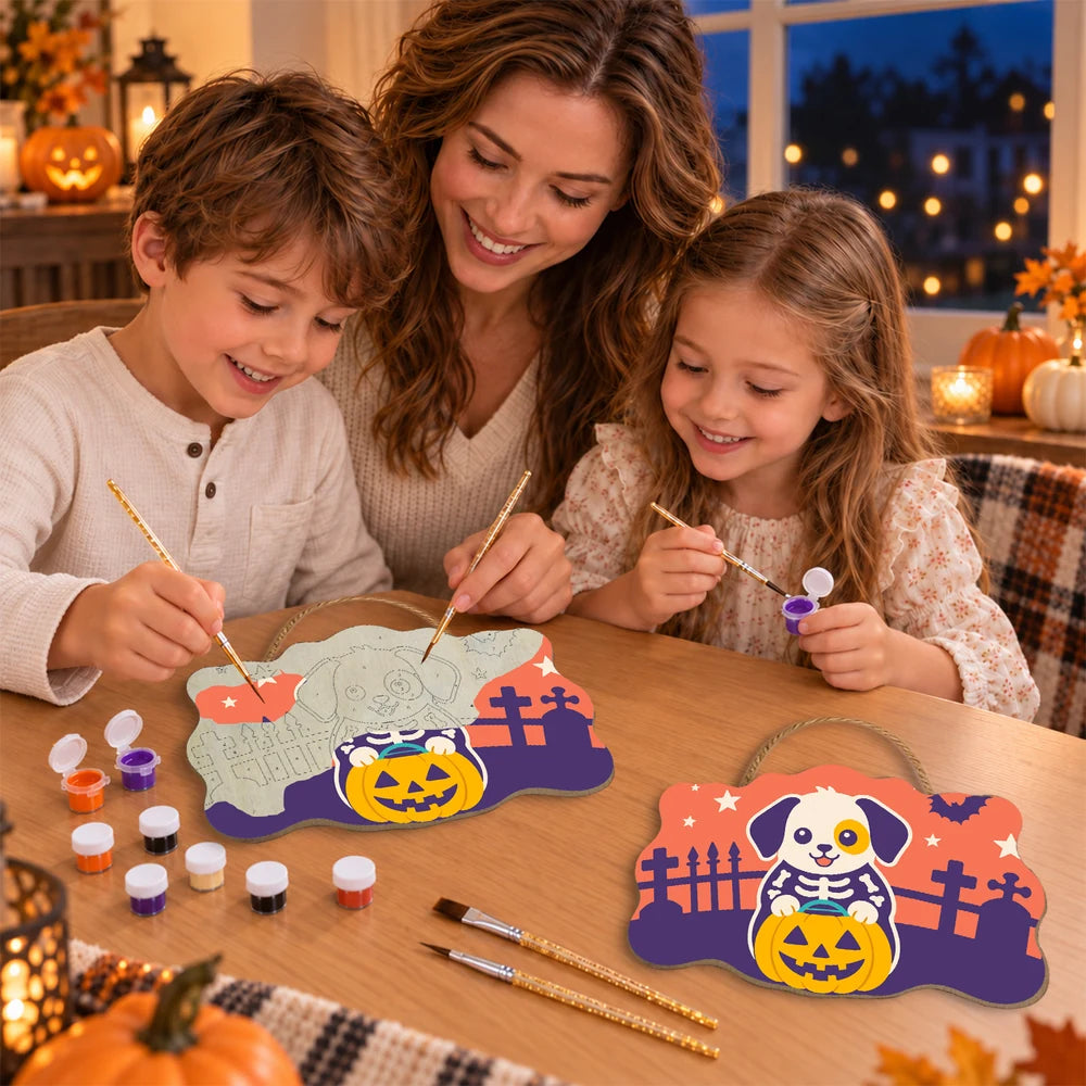 Paint by Numbers - Wooden Door Hanger | Skeleton Puppy with a Pumpkin