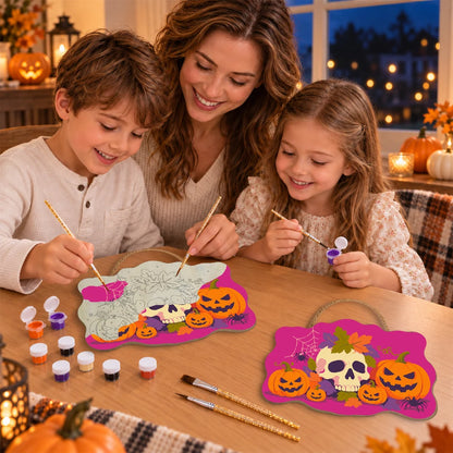 Paint by Numbers - Wooden Door Hanger | Skull with Autumn Leaves and Pumpkins