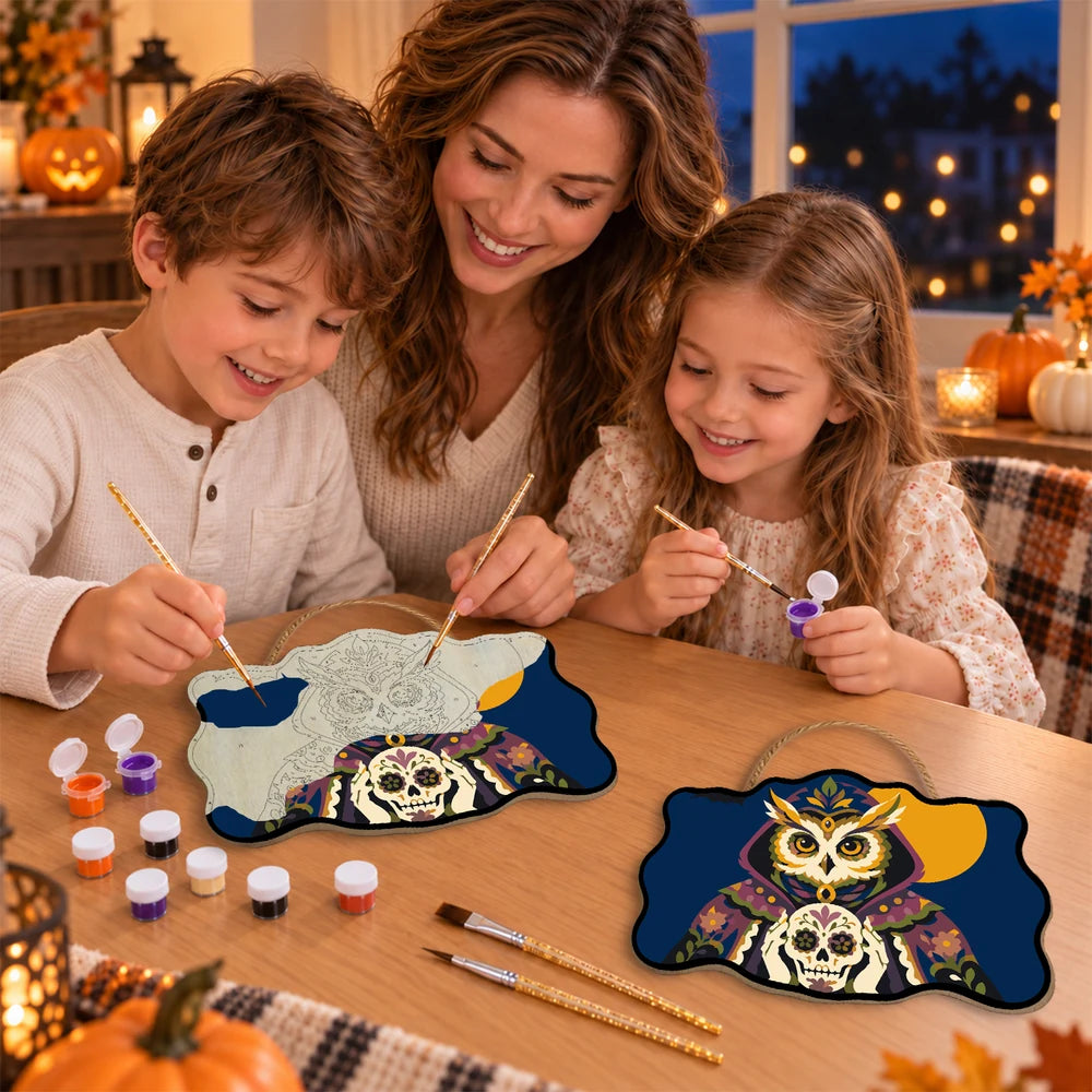 Paint by Numbers - Wooden Door Hanger | Sugar Skull Owl in a Hood