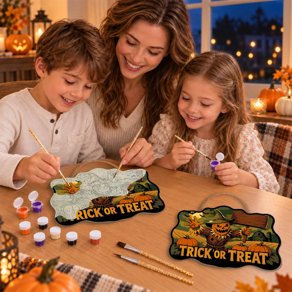 Paint by Numbers - Wooden Door Hanger | Trick or Treat Scarecrow with a Sign