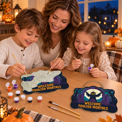 Paint by Numbers - Wooden Door Hanger | Welcome Foolish Mortals Pumpkin Bat