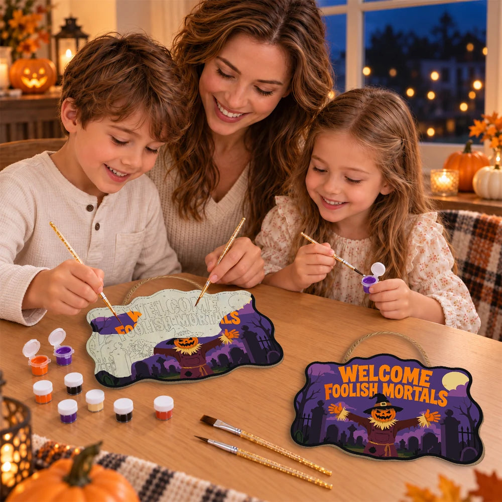 Paint by Numbers - Wooden Door Hanger | Welcome Foolish Mortals Pumpkin Scarecrow