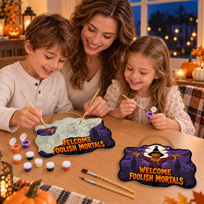Paint by Numbers - Wooden Door Hanger | Welcome Foolish Mortals Scarecrow at the Gate