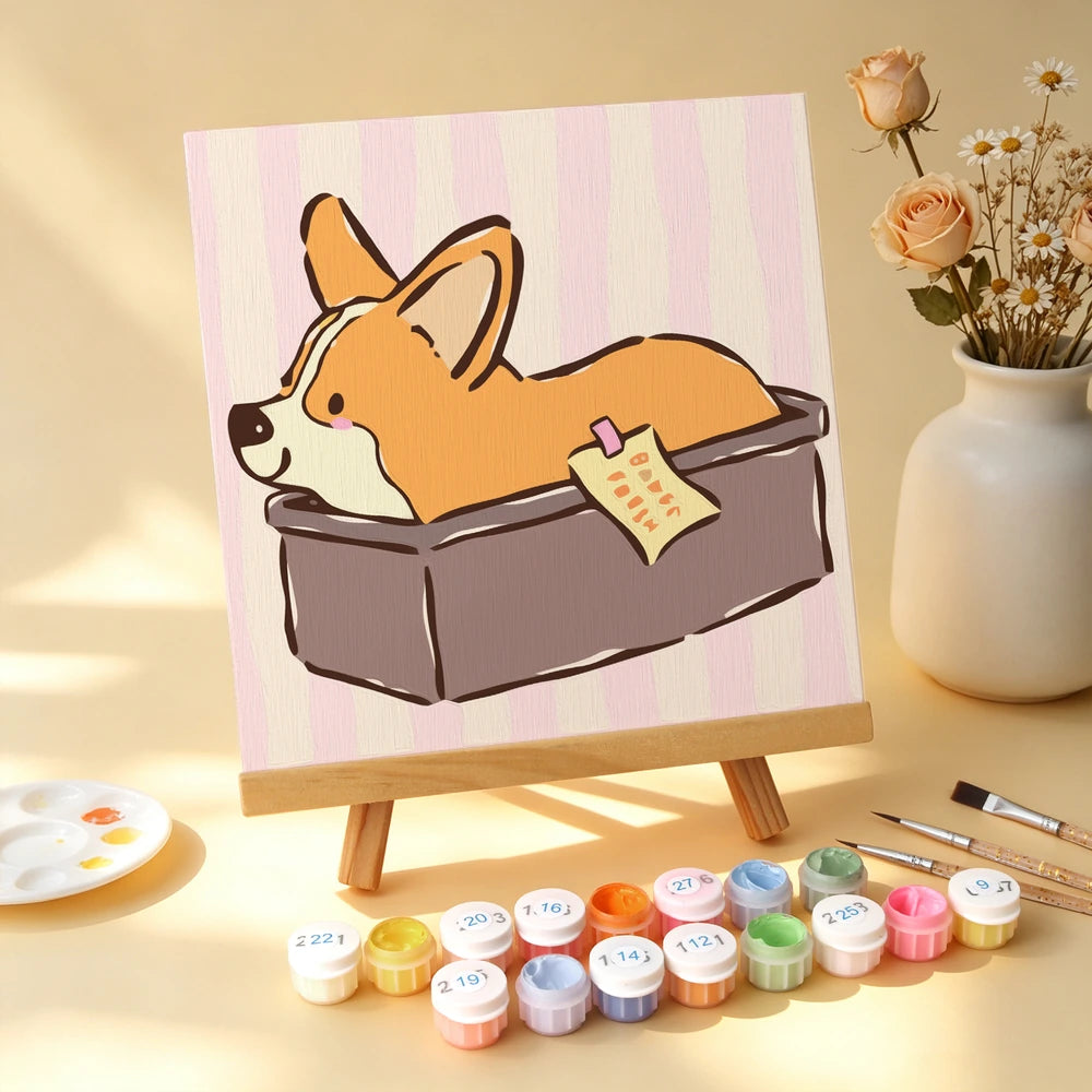 Paint by Numbers – 6 Mini Paintings | Corgi Bread Bakery (Square)